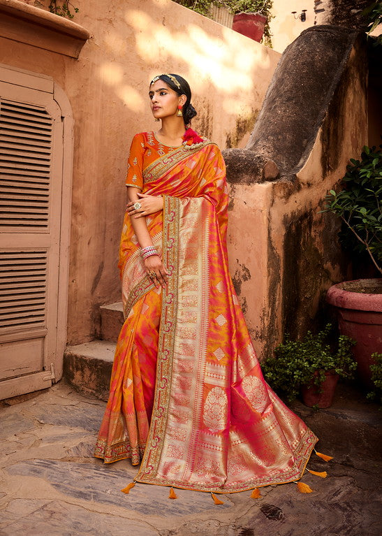 Shade of Pink and Turmeric Yellow Color Designer Silk Saree (Includes two blouse material - Heavy work blouse and Art silk plain Blouse) - Poshak Collection YF#19099 - YellowFashion.in by Ozone Shield