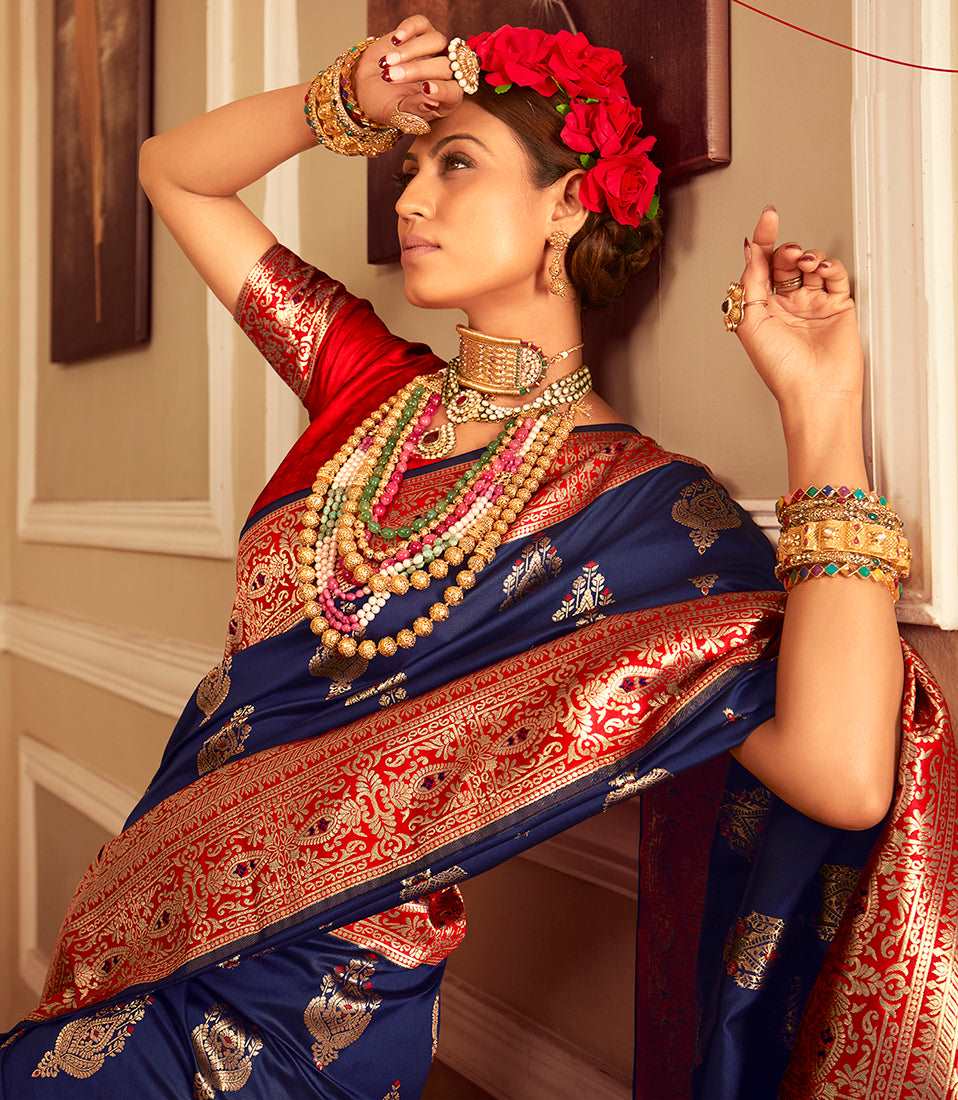 Blue and Red Color Banarasi silk Traditional Wear Saree - Krystie  CollectionYF#18226