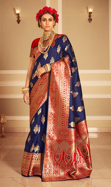 Blue and Red Color Banarasi silk Traditional Wear Saree - Krystie  CollectionYF#18226 - YellowFashion.in