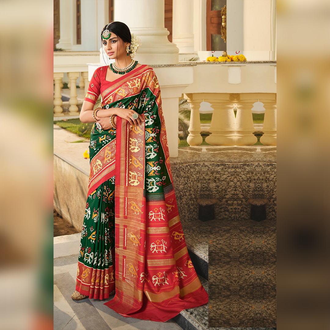 Bottle Green and Red Color Bhagalpuri Silk Saree  - Tulip Collection YF#20875