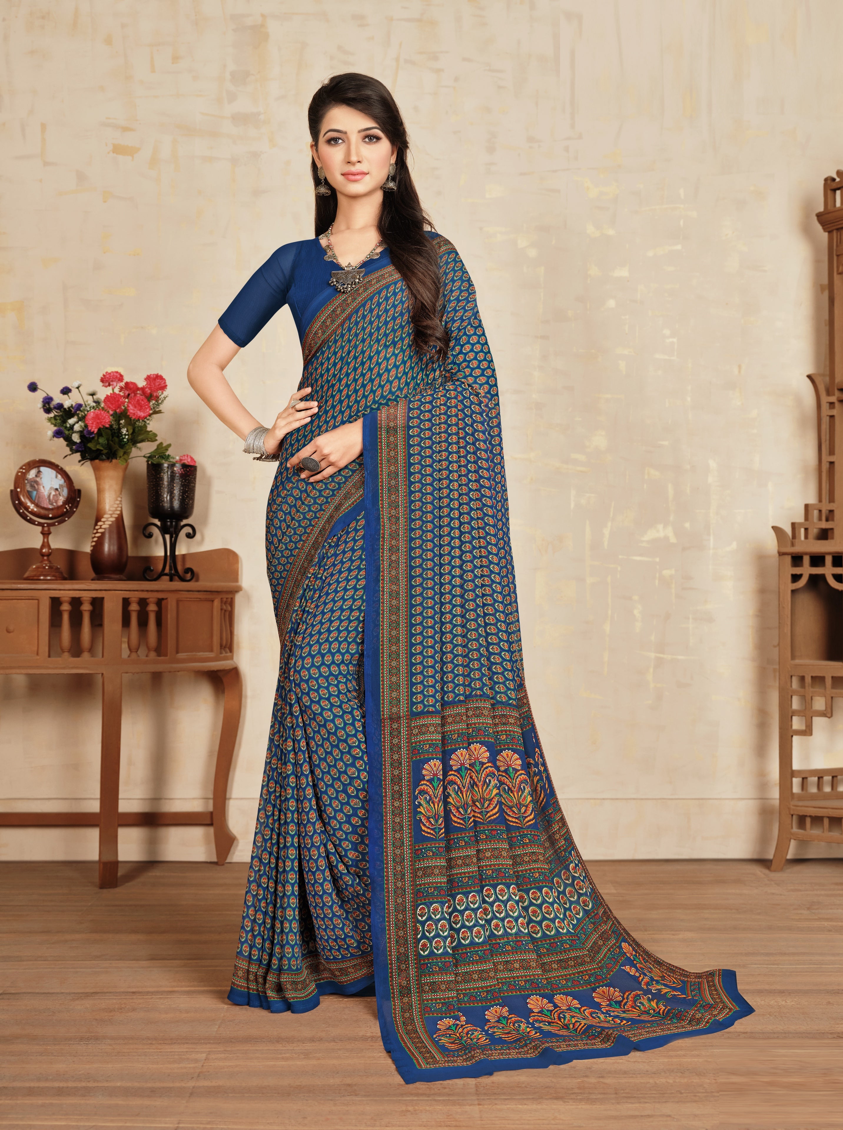Blue Color Georgette Saree  - Leeva  Collection YF#21286 - YellowFashion.in by Ozone Shield