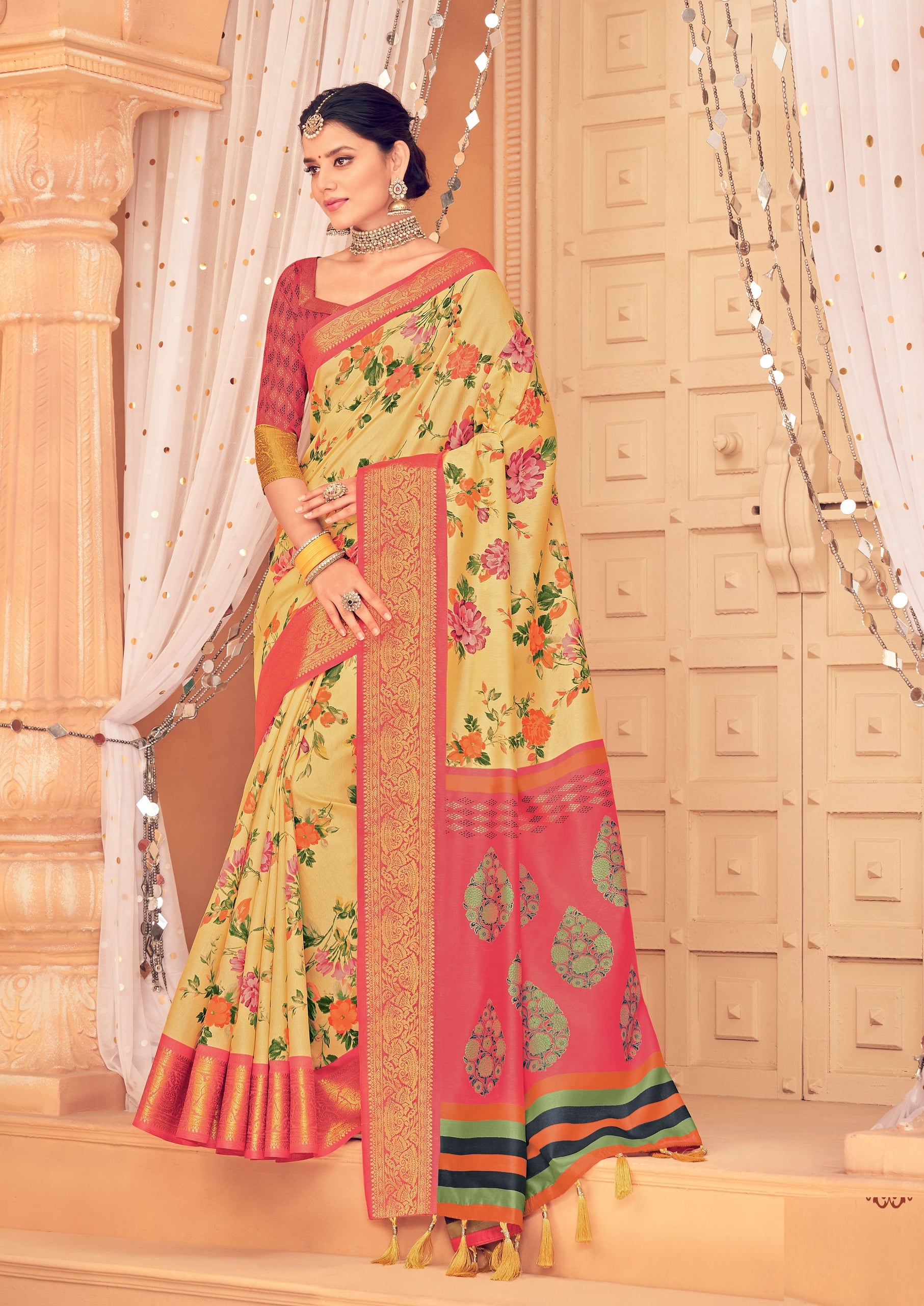 Yellow and Pink Color Bhagalpuri Silk Saree  - Nived Collection YF#21687 - YellowFashion.in by Ozone Shield