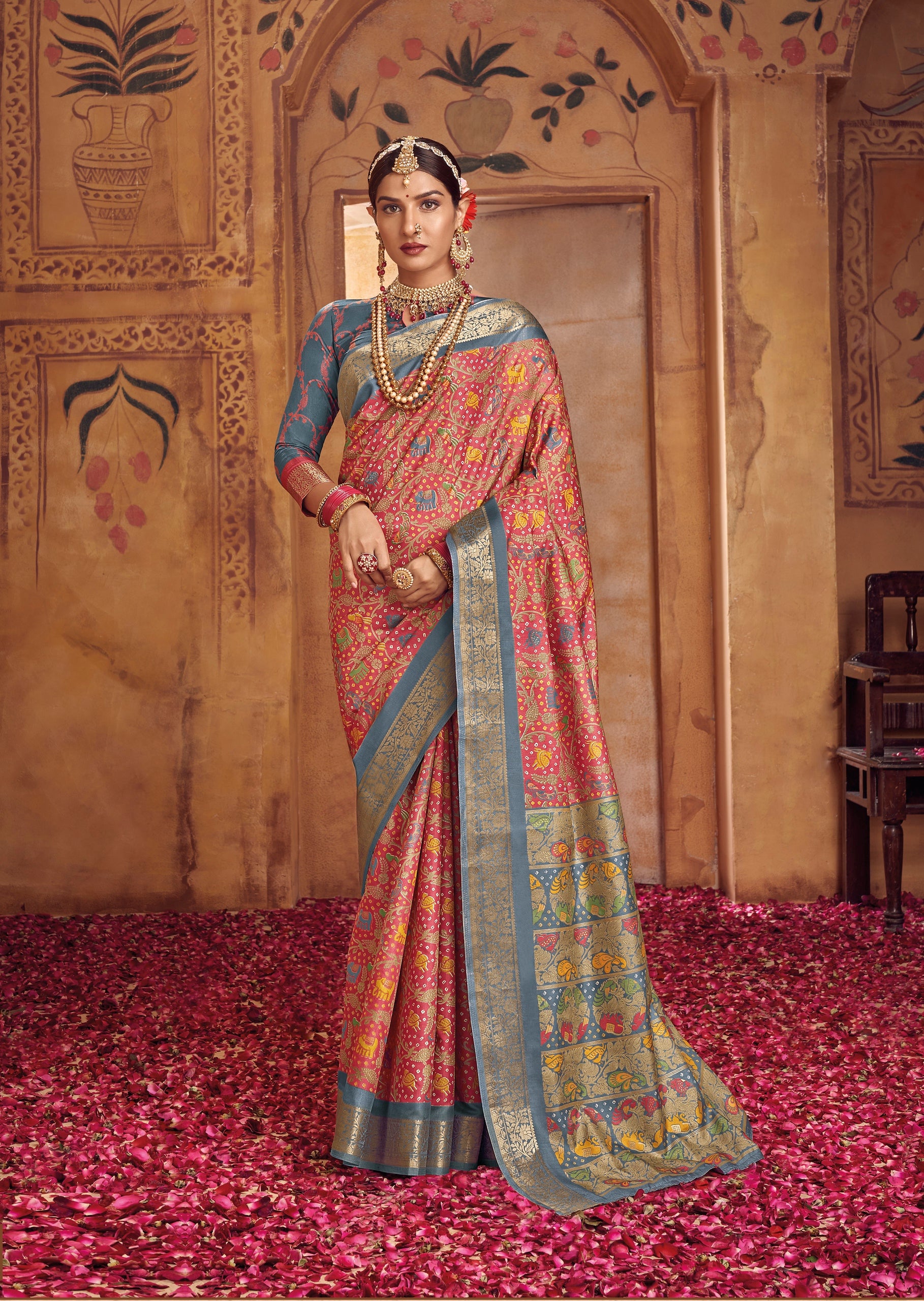 Coral Pink and Grey Color Bhagalpuri Silk Saree  -Darshik Collection YF#22108
