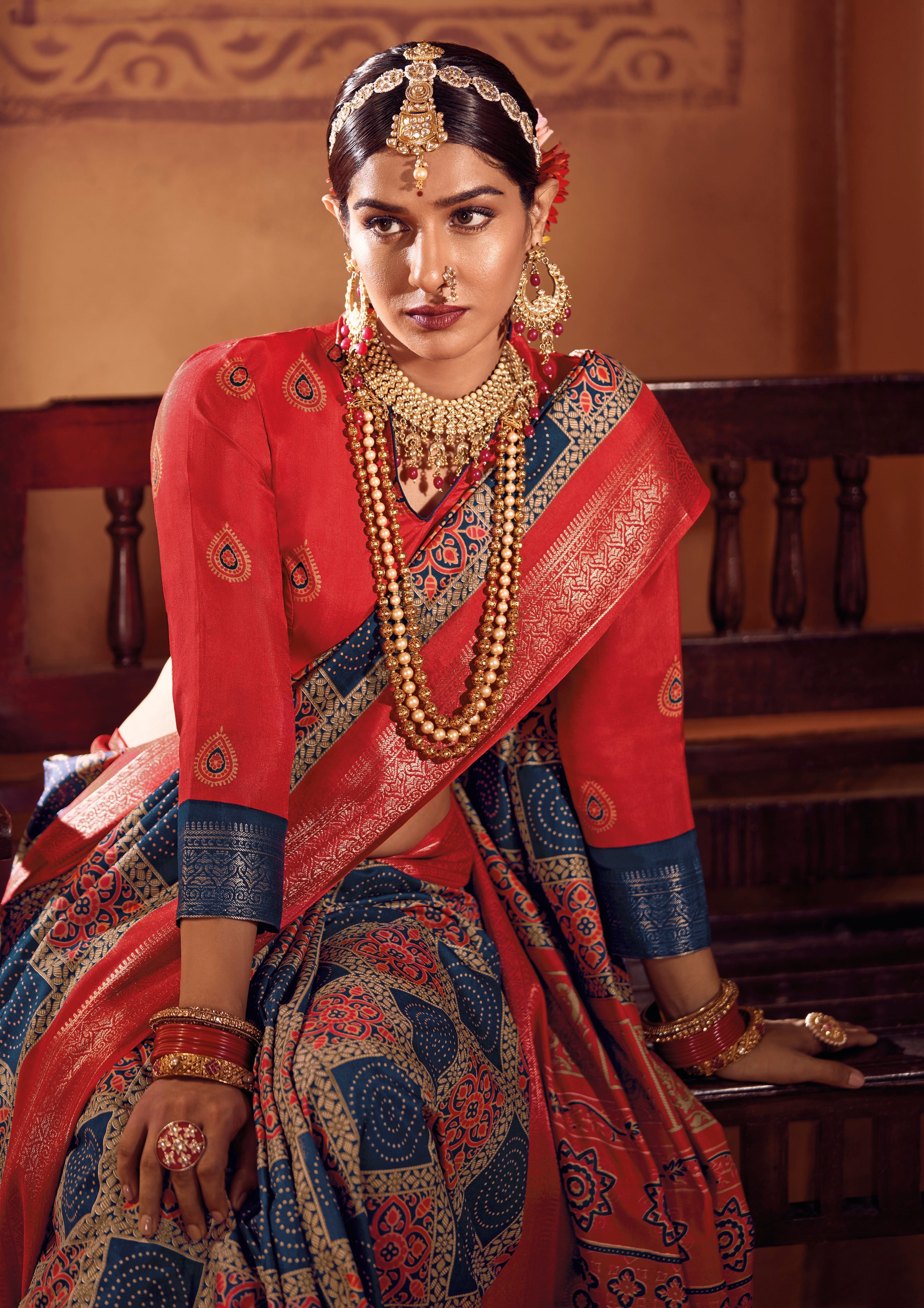 Blue and Red Color Bhagalpuri Silk Saree  -Darshik Collection YF#22113