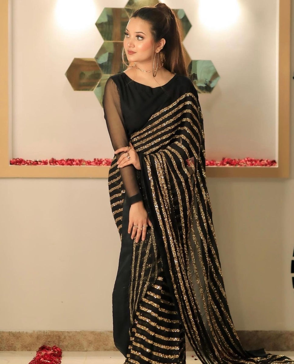 Black Color Georgette with Sequin Work Saree  - Victoria  Collection YF#20876 - YellowFashion.in by Ozone Shield