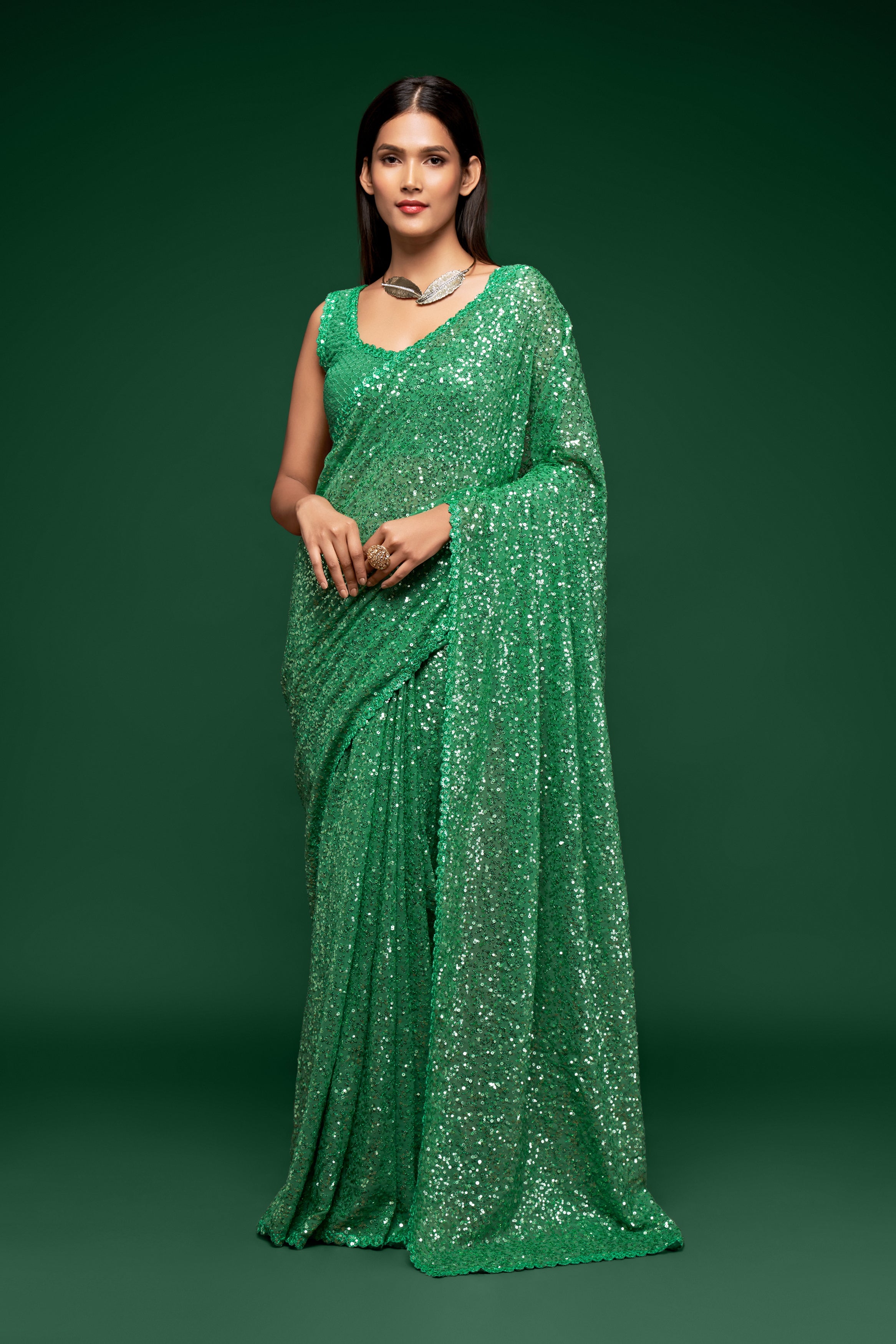 Green Color Pure Georgette Sequin work Saree - Sakina  Collection YF#18724 - YellowFashion.in by Ozone Shield