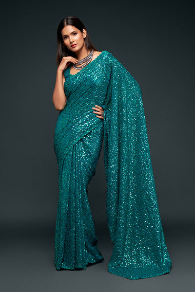 Blue Color Pure Georgette Sequin work Saree - Sakina  Collection YF#18725 - YellowFashion.in by Ozone Shield