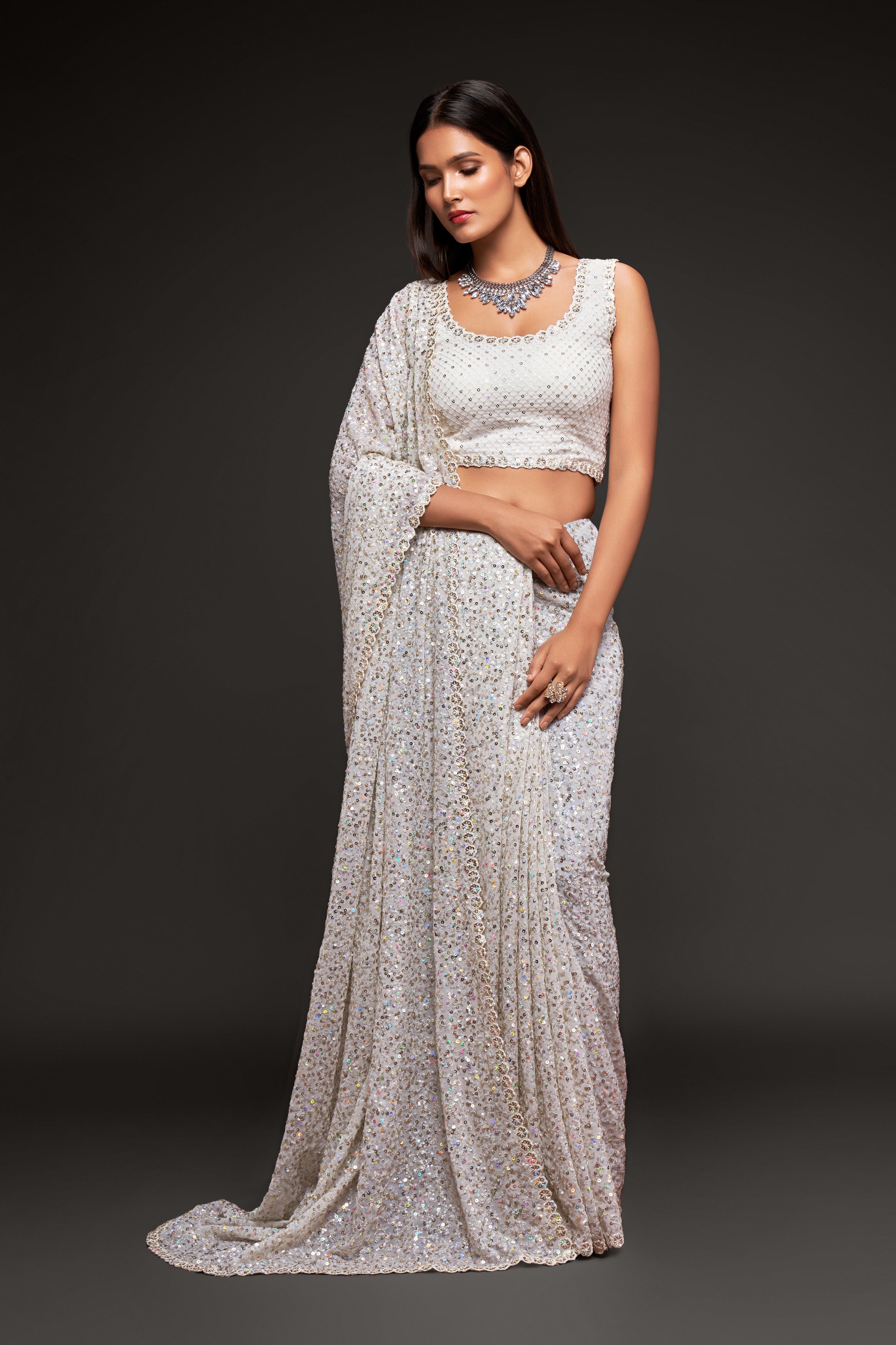 Pearl White Color Pure Georgette Sequin work Saree - Sakina  Collection YF#18729 - YellowFashion.in by Ozone Shield