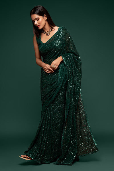 Bottle Green Color Pure Georgette Sequin work Saree - Sakina  Collection YF#18731 - YellowFashion.in by Ozone Shield