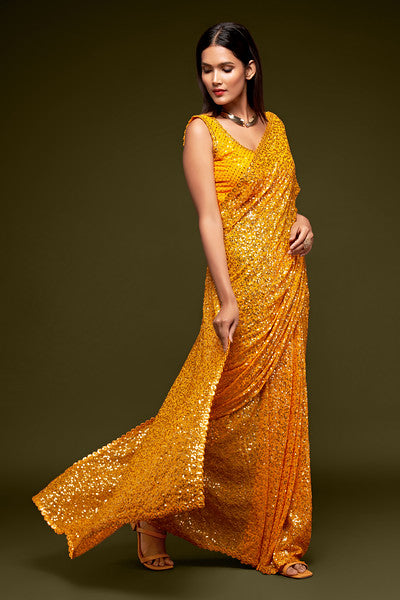 Mustard Yellow Color Pure Georgette Sequin work Saree - Sakina  Collection YF#18732 - YellowFashion.in by Ozone Shield