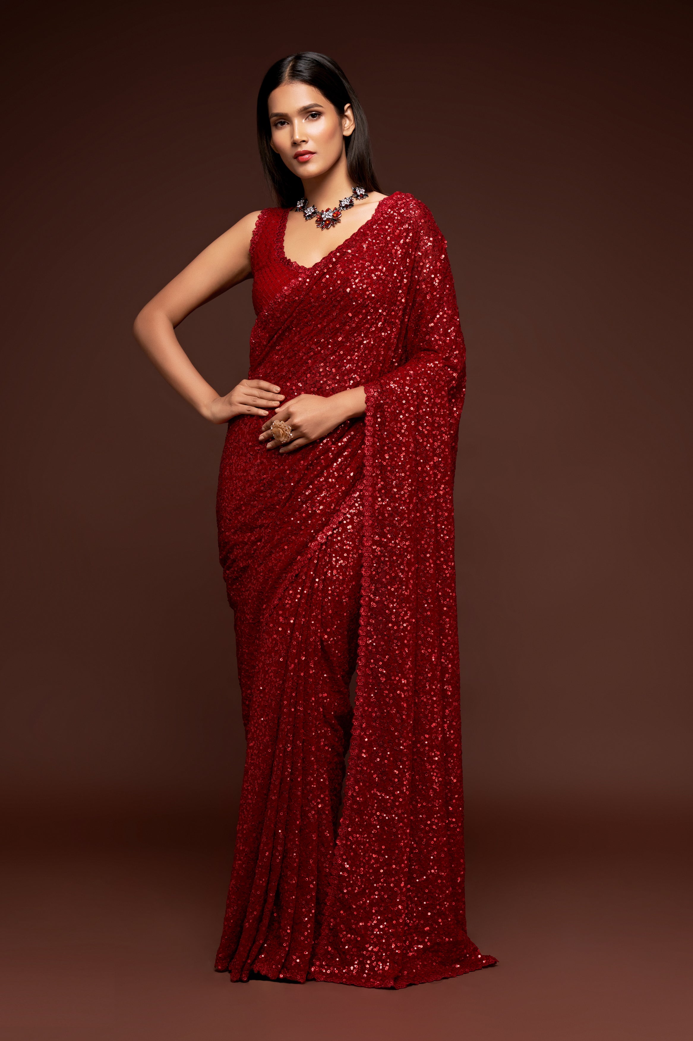 Ruby Red Color Pure Georgette Sequin work Saree - Sakina  Collection YF#18733 - YellowFashion.in by Ozone Shield