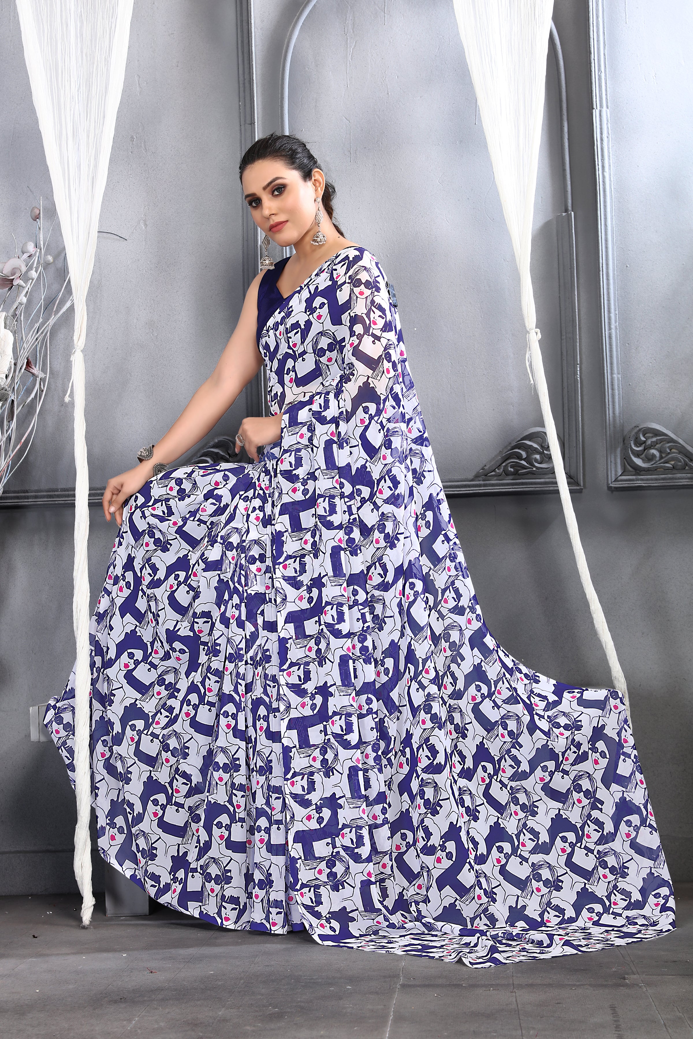 Navy Blue Color Georgette Saree  - Kreeva Collection YF#21316 - YellowFashion.in by Ozone Shield