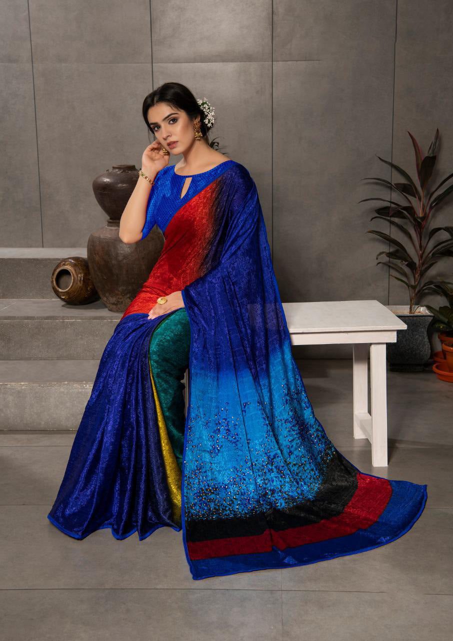 Blue and Red Color  Jacquard Crepe Party Wear saree - Ashvik Collection YF#10047 - YellowFashion.in by Ozone Shield
